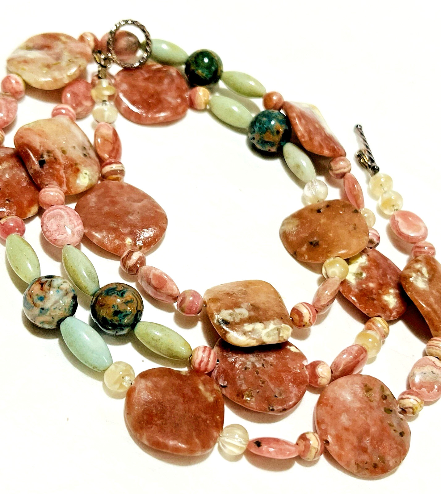 USA Artisan Pink Rhodonite Rippled Disc Bead Necklace 27″ Sterling Toggle Clasp