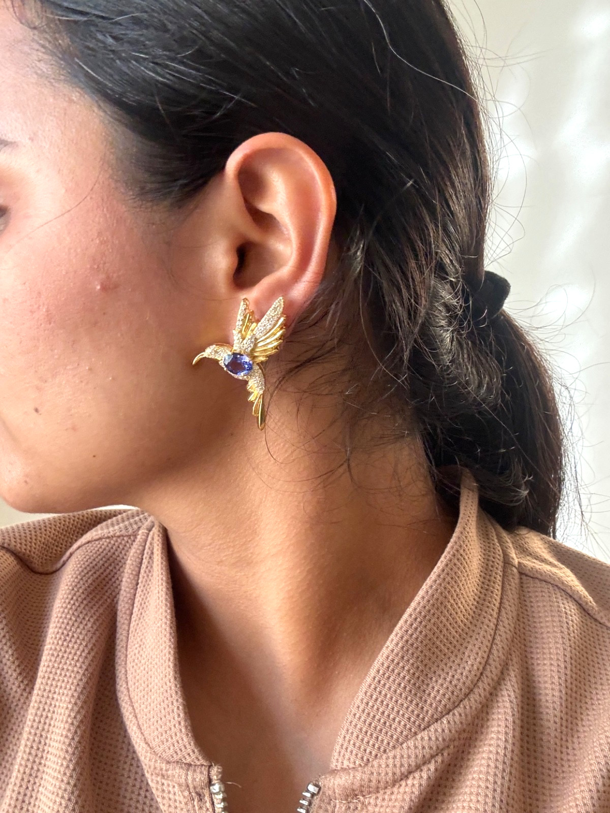 925 Sterling Silver Blue Tanzanite Bird Studs 14k Gold Polish Statement Gift Her