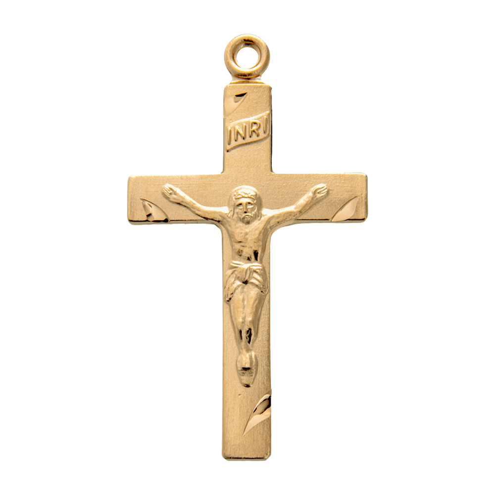 Basic Engraved Gold Plated Sterling Silver Crucifix Medal Necklace, 18″ Chain