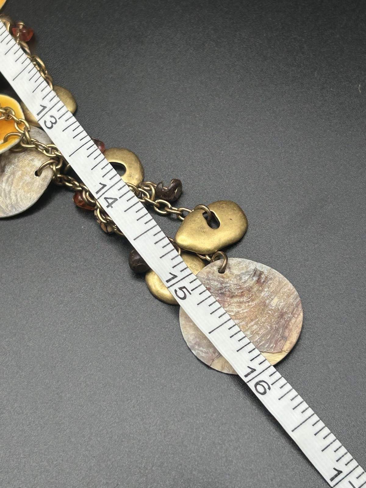 Coldwater Creek Orange Enamel Disc Shell Long Chain Station Charm Necklace Boho