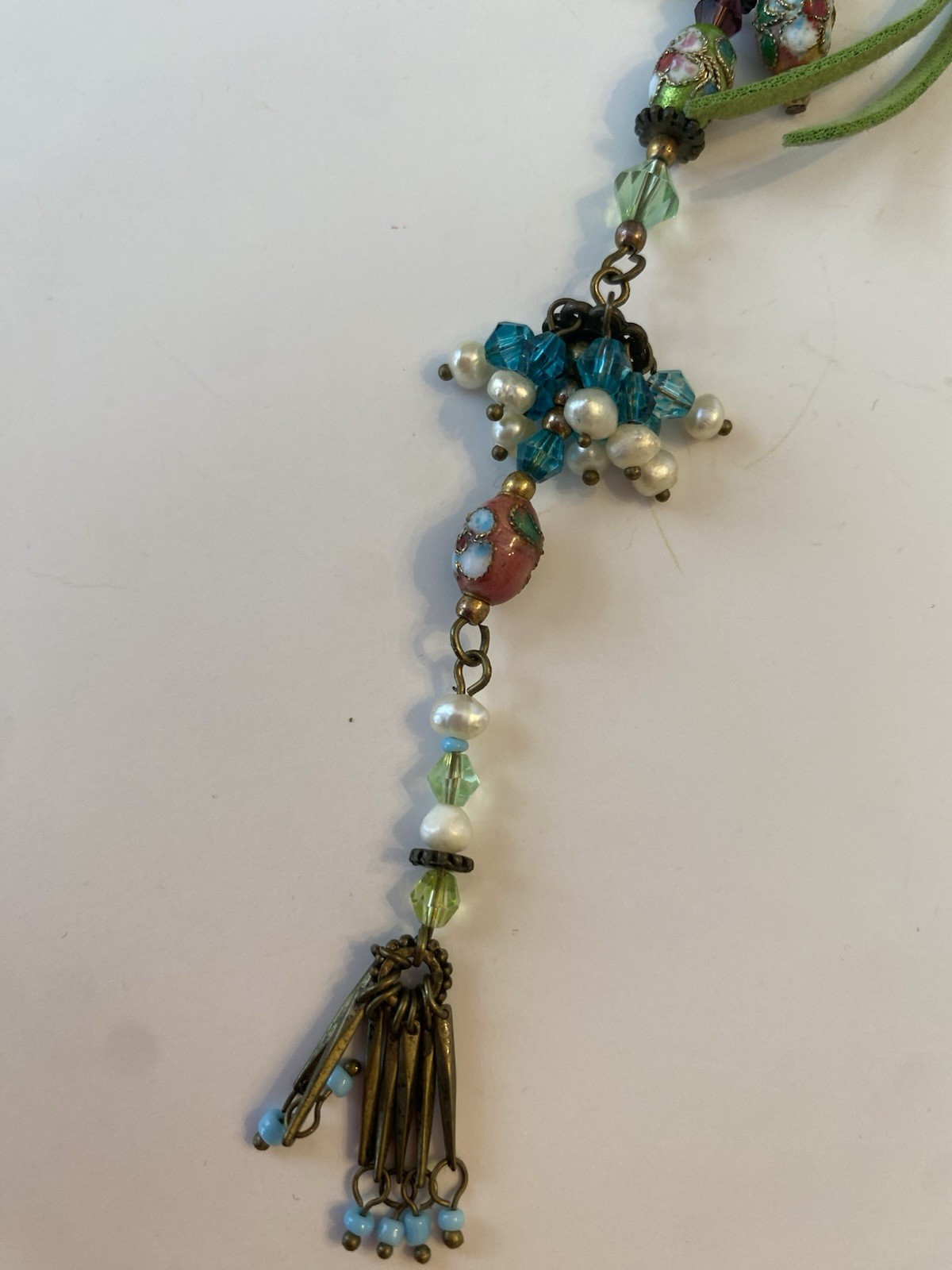 Handcrafted Multicolor Glass Beaded Tassel Pendant Necklace, Leather Cord, Brass
