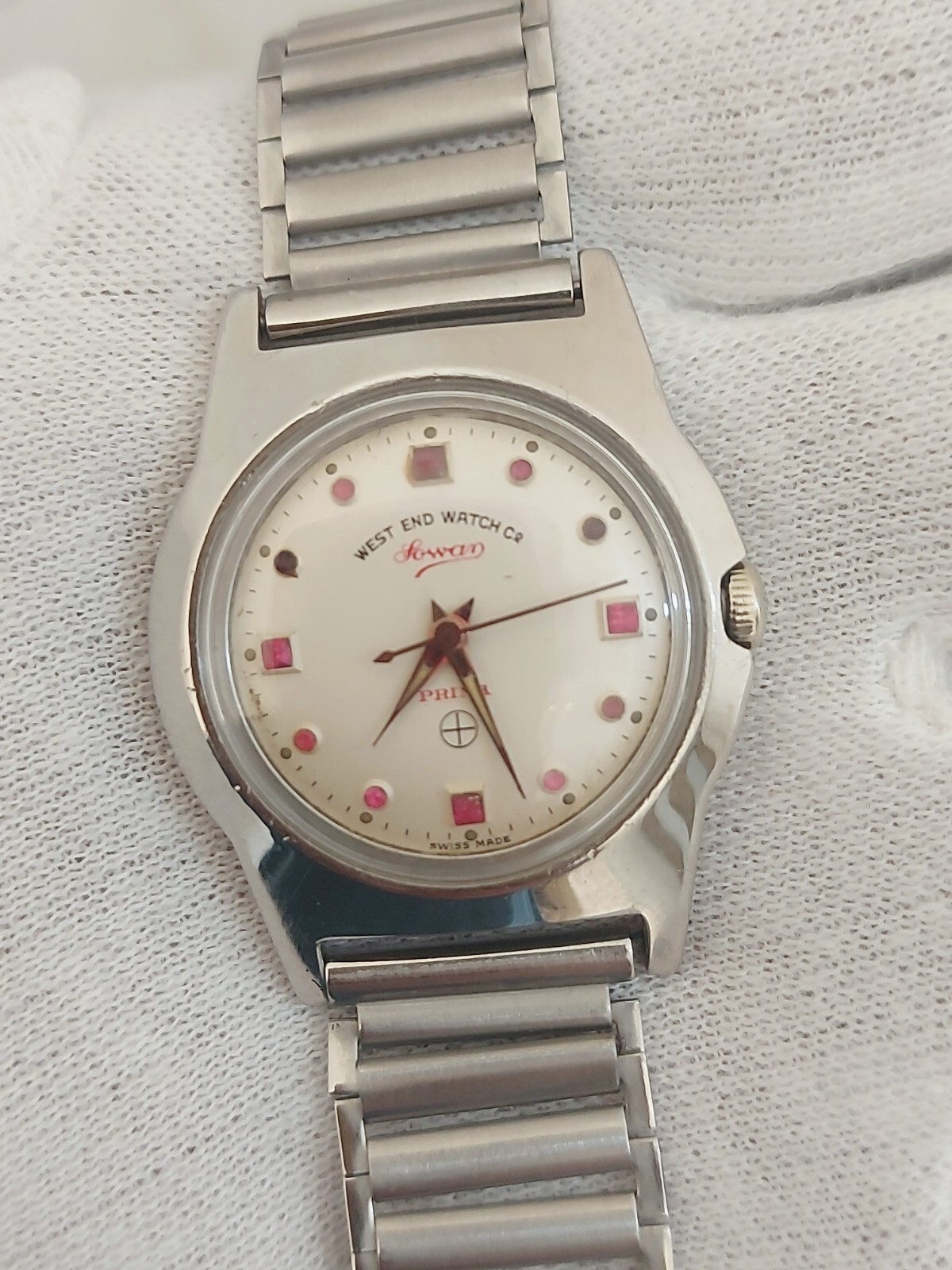 West end Sowar Prima Watch Hand Wind White Red Ruby Fitted Dial 34 mm Men Swiss