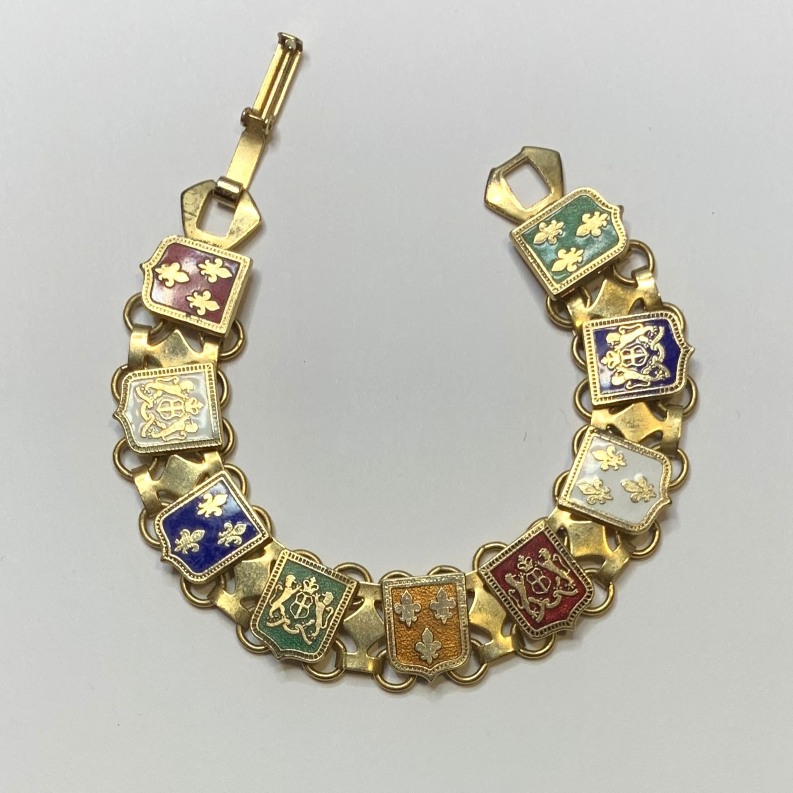 Vintage Gold Tone Enamel French Style Coat of Arms & Fleur De Lis Bracelet