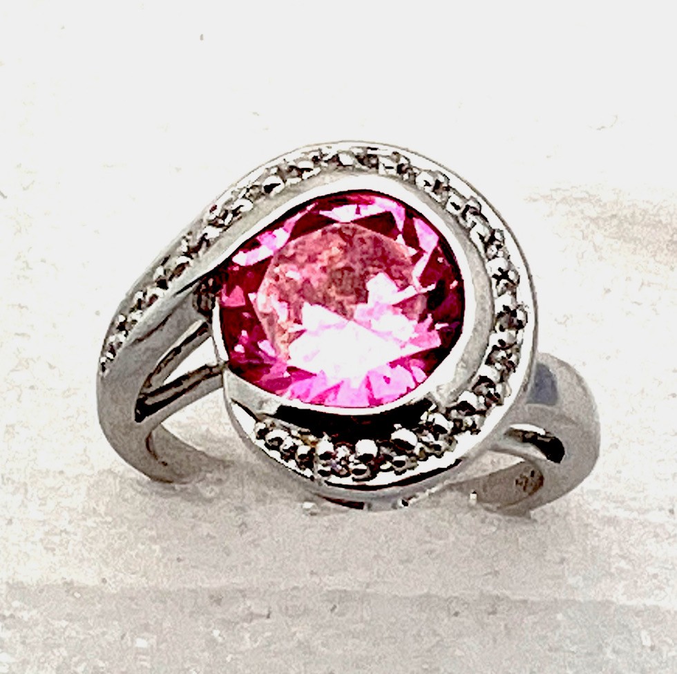 Sterling Silver 925 6.3 Gram Prong Set 24 Clear CZ Channel Set Pink Ring Size 7