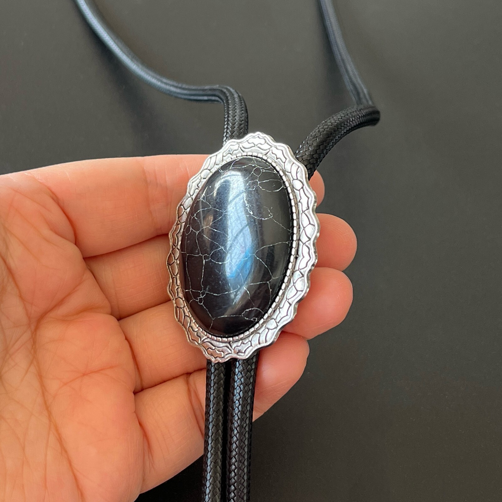 Silver Lace Base Giant Black Granite Mens Bolo Tie Waxed Rope Wedding Necklace