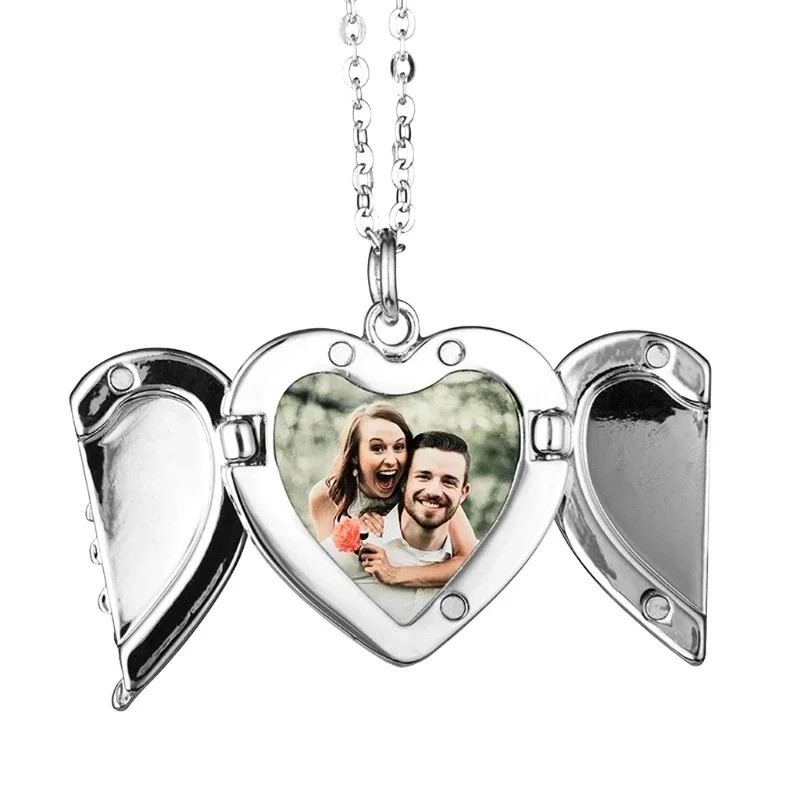 Angel Wings Heart Photo Locket Necklace DIY Memory Pendant Gift for Women Antiqu