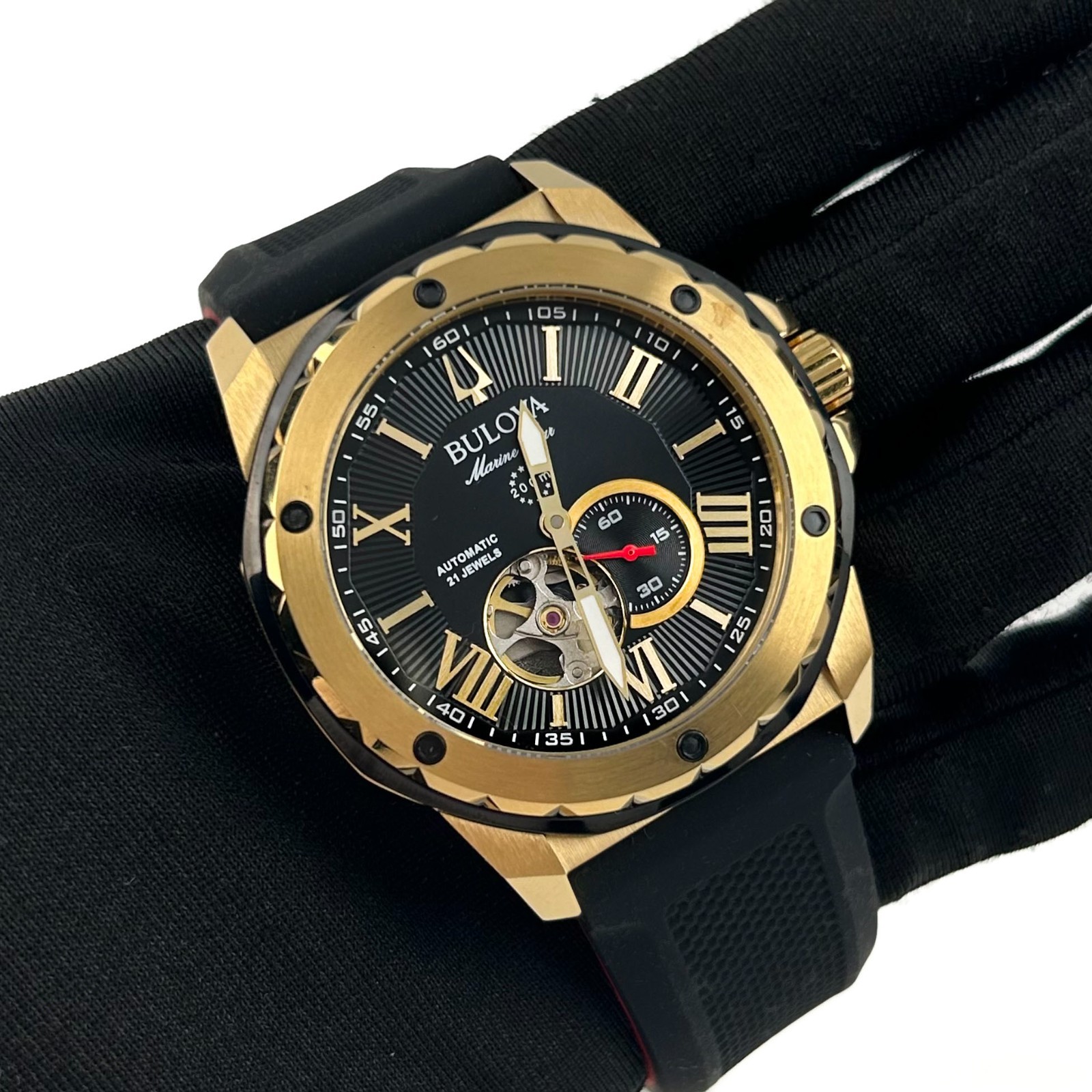 Bulova Marine Star 98A272 Classic Men’s Automatic Watch Black Dial Rubber Strap