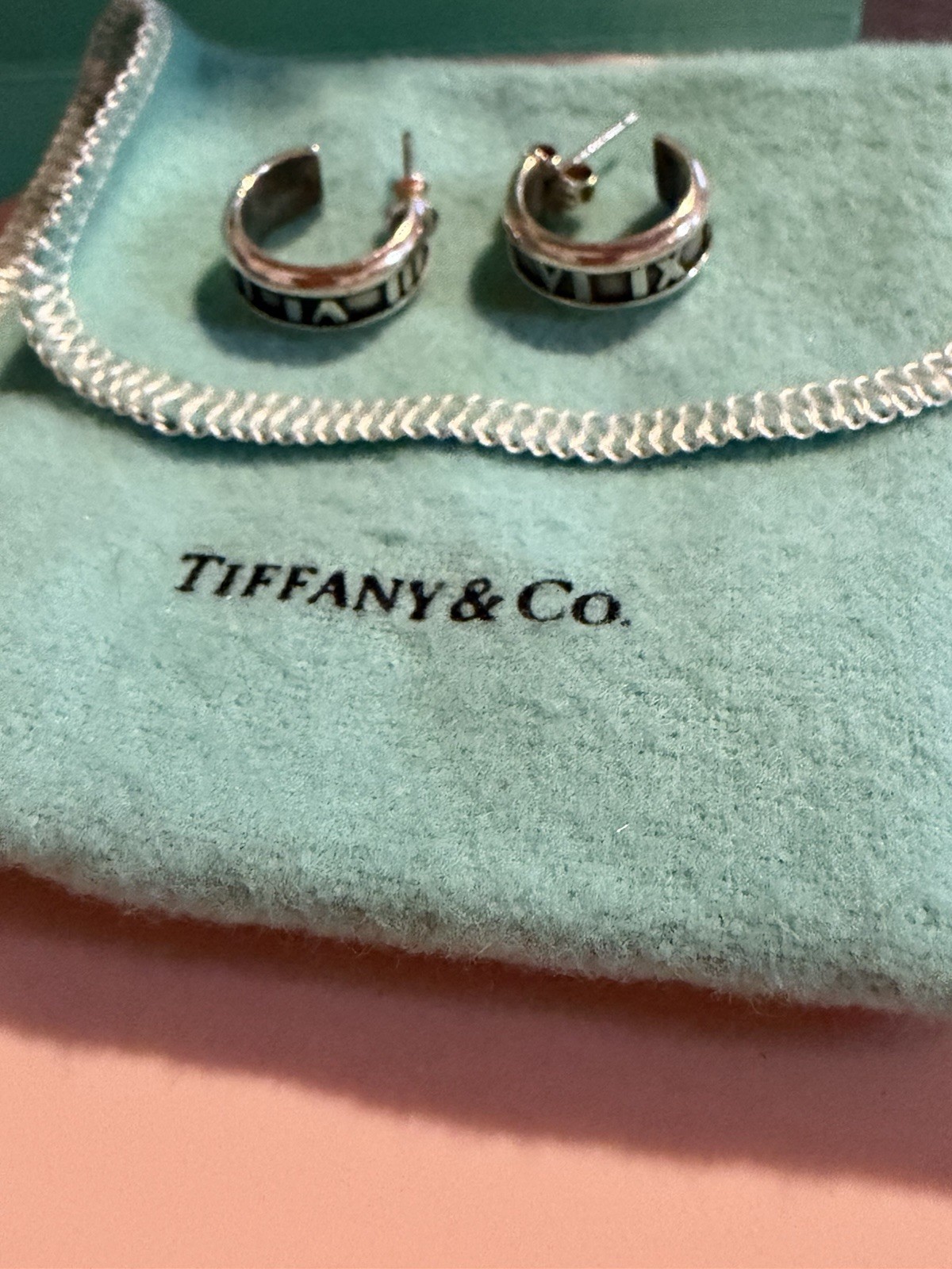 Tiffany & Co. 925 Sterling Silver Hoop Earrings Butterfly Closure w/ Box Pouch