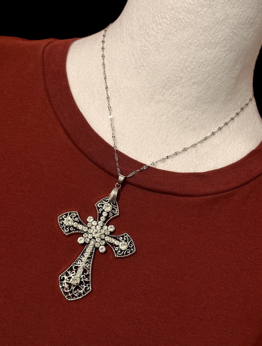 Large Victorian Cross Necklace Chain Silver Religious Gothic Grunch Whimsgoth