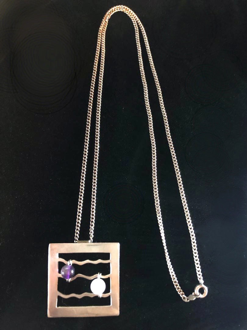 Vintage Signed SK Sterling 925 Pendant Necklace MODERNIST Amethyst Quartz 24″ L