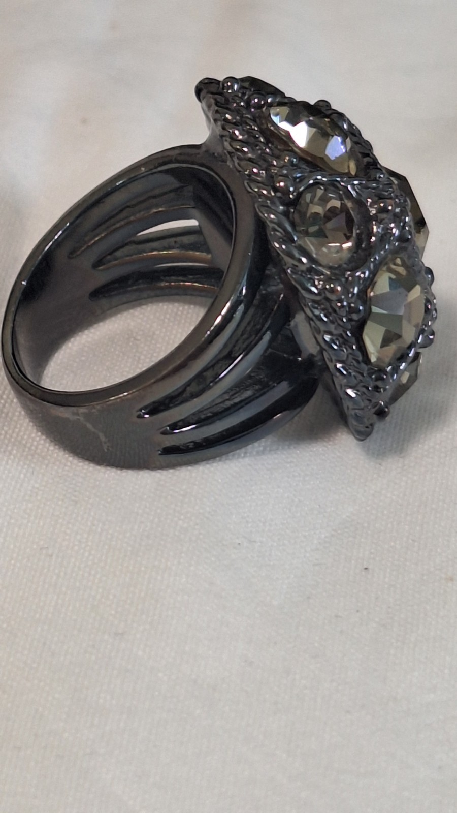 Gunmetal Tone Dome Cluster Cocktail Ring Size 6 Faceted Gray Crystal