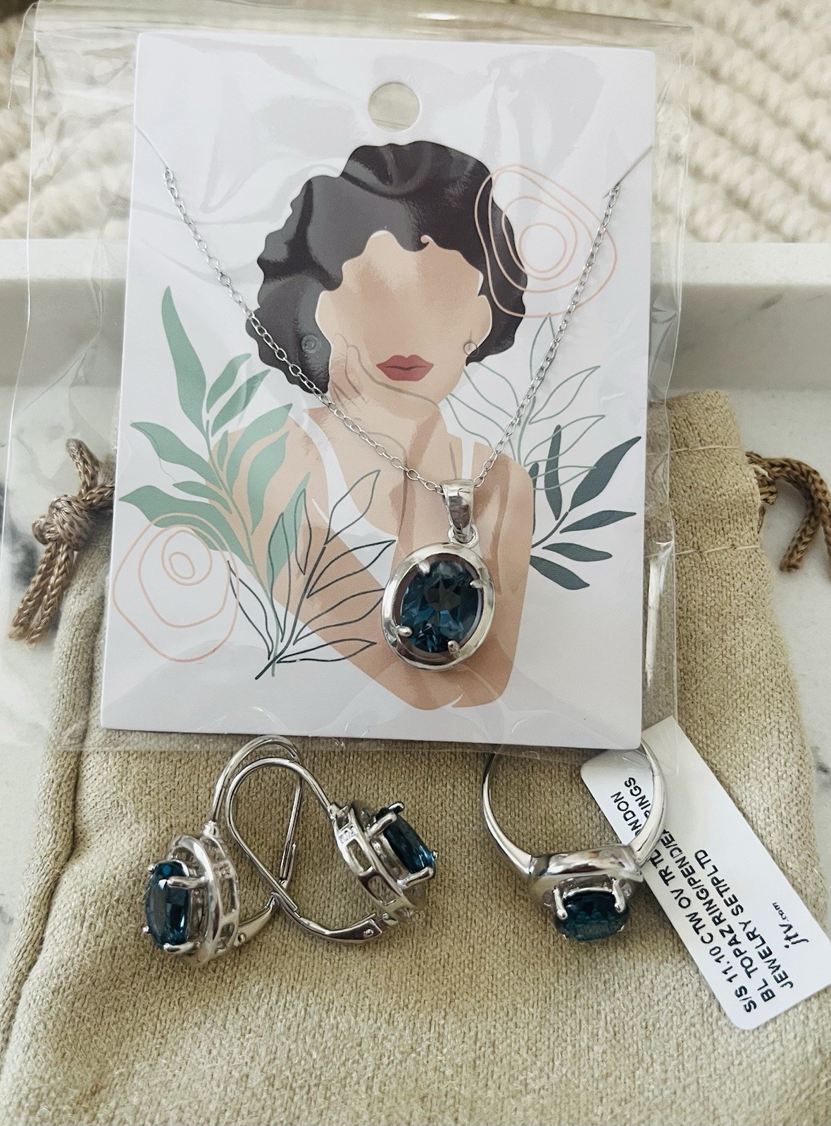 JTV London Blue Topaz 11.10 CTW Sterling Silver Ring Pendant Earrings Set