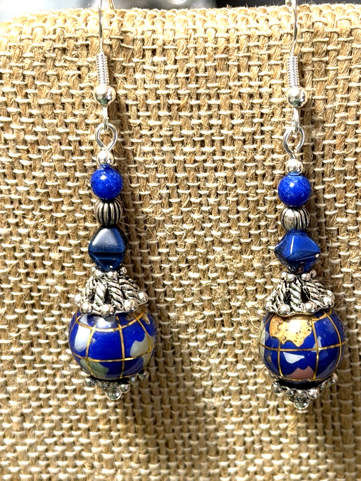 NEW ITEM*VTG.12MM BLUE LAPIS GEMSTONE INTARSIA GLOBE EARRINGS .925 EAR WIRES-NEW