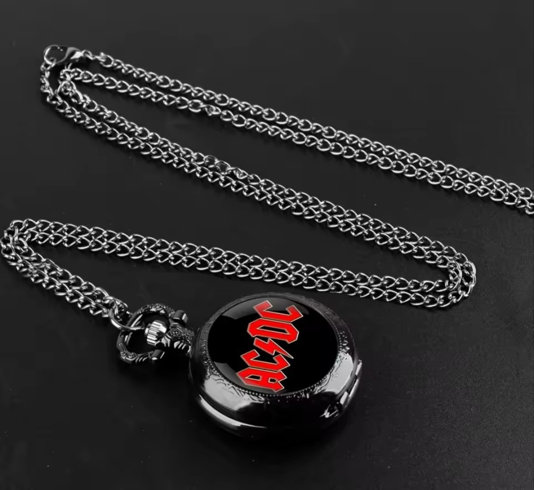 AC/DC Rock Band Pocket Watch – Black Stainless Steel Quartz Necklace with Chain