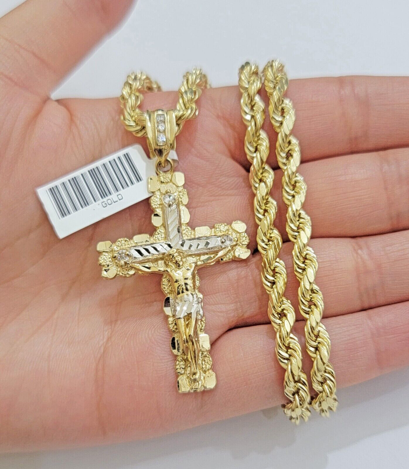 Real 10k Gold Rope Chain Jesus Cross Charm Pendant Set 18-28″ inch 5mm Necklace