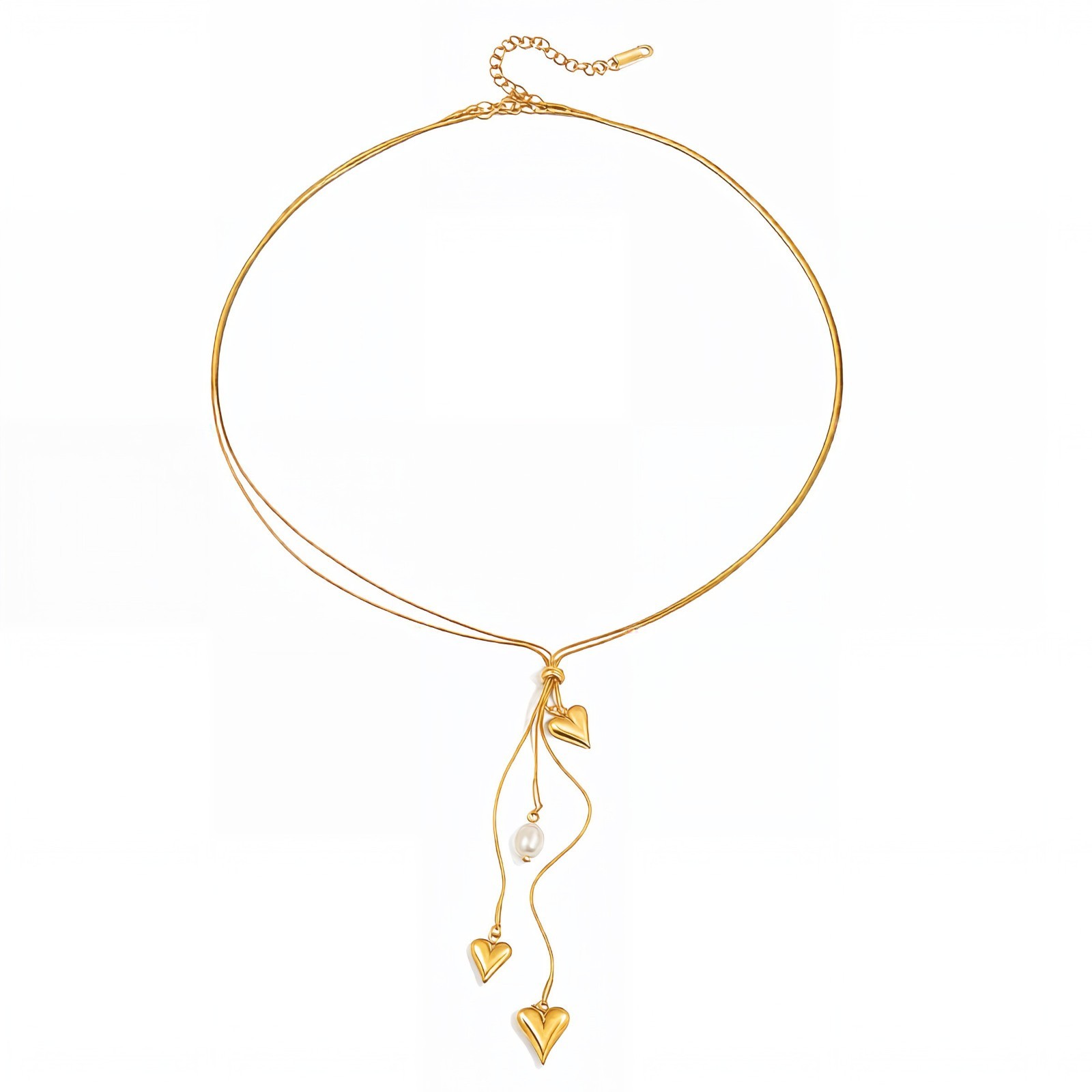 18K Gold Plated Heart Lariat Necklace Freshwater Pearl Stainless Steel Gift
