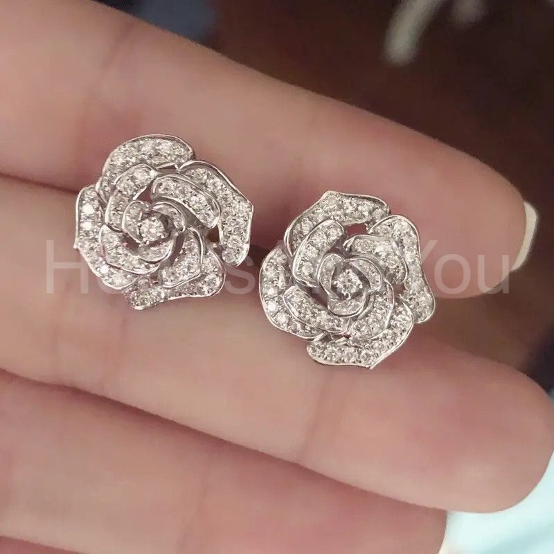 2ct Round Cut Moissanite Rose Flower Floral Stud Earrings 14K White Gold Plated