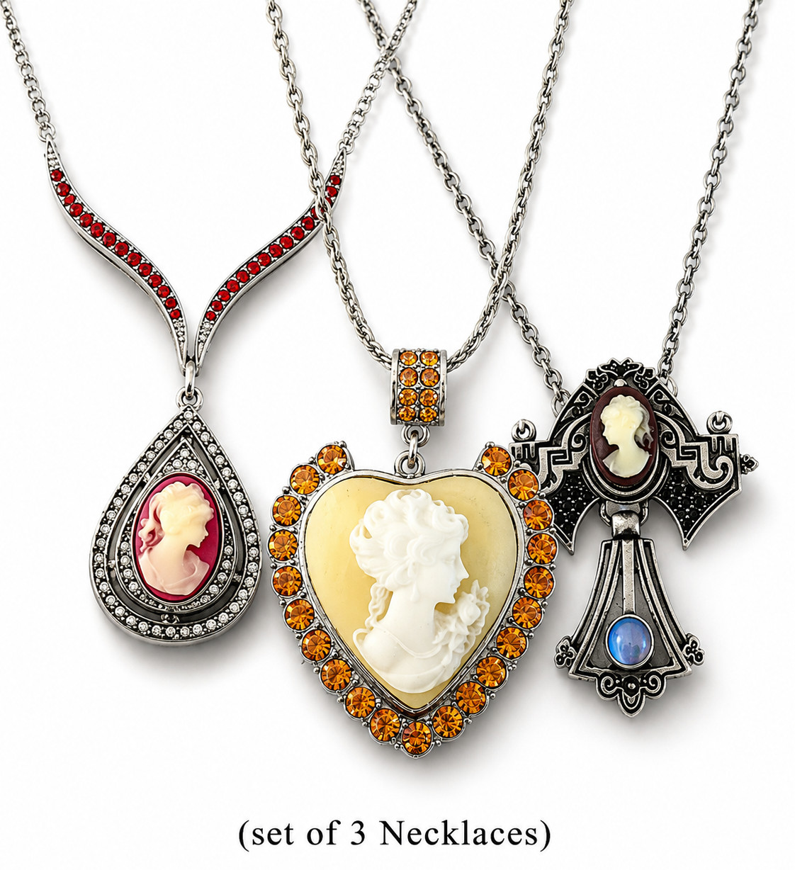 （Set of 3) Red Lady Cameo Vintage Style Pear Drop Dangle Pendant Chain Necklace
