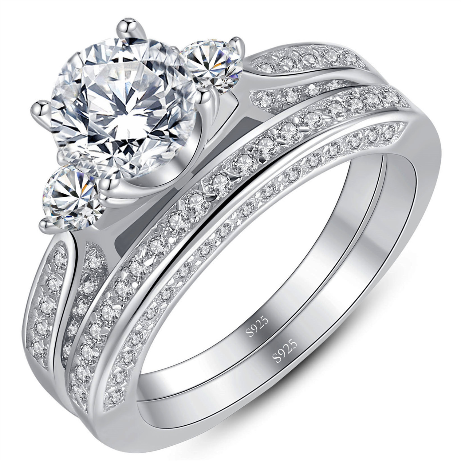 Women’s Engagement Wedding Rings Sterling Silver 1.25 ct Round CZ Bridal Set
