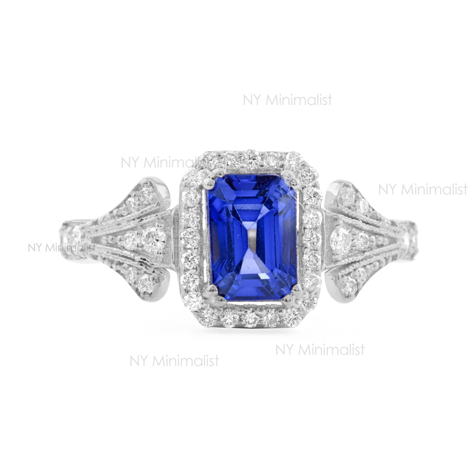14K Solid Gold Natural Emerald Cut Diffused Blue Sapphire & Diamond Halo Ring