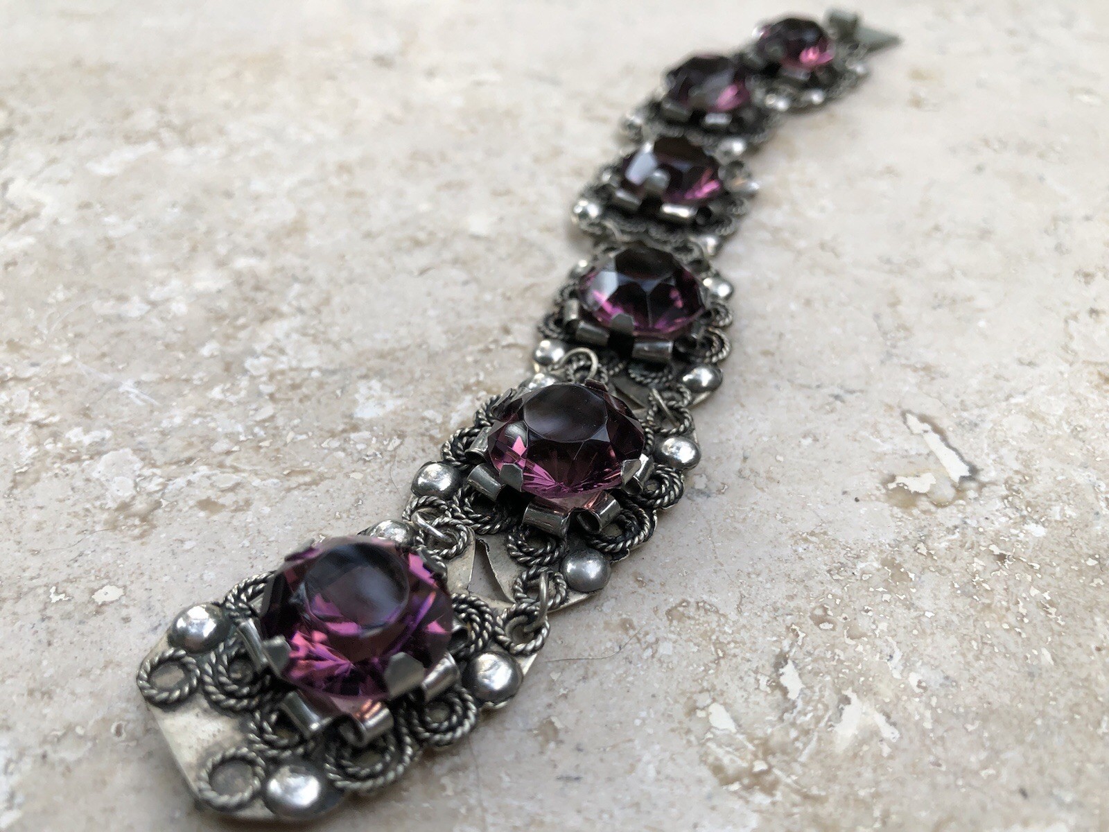 🌟🍇Vintage MEXICO STERLING SILVER Purple Color Stones STATEMENT PANEL Bracelet