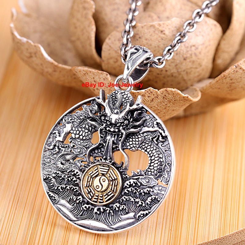 S925 Real 925 Sterling Silver Round Dragon Pendant Amulet 17-18g 1.69inch H