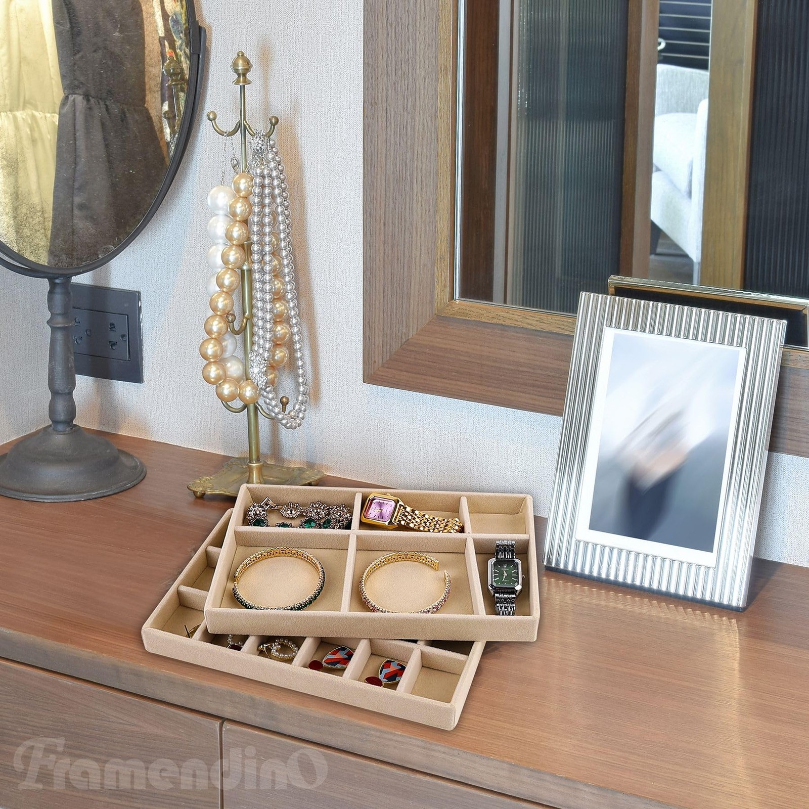Framendino, 4 Pack Beige Velvet Jewelry Trays Stackable Organizer Drawer Inse…