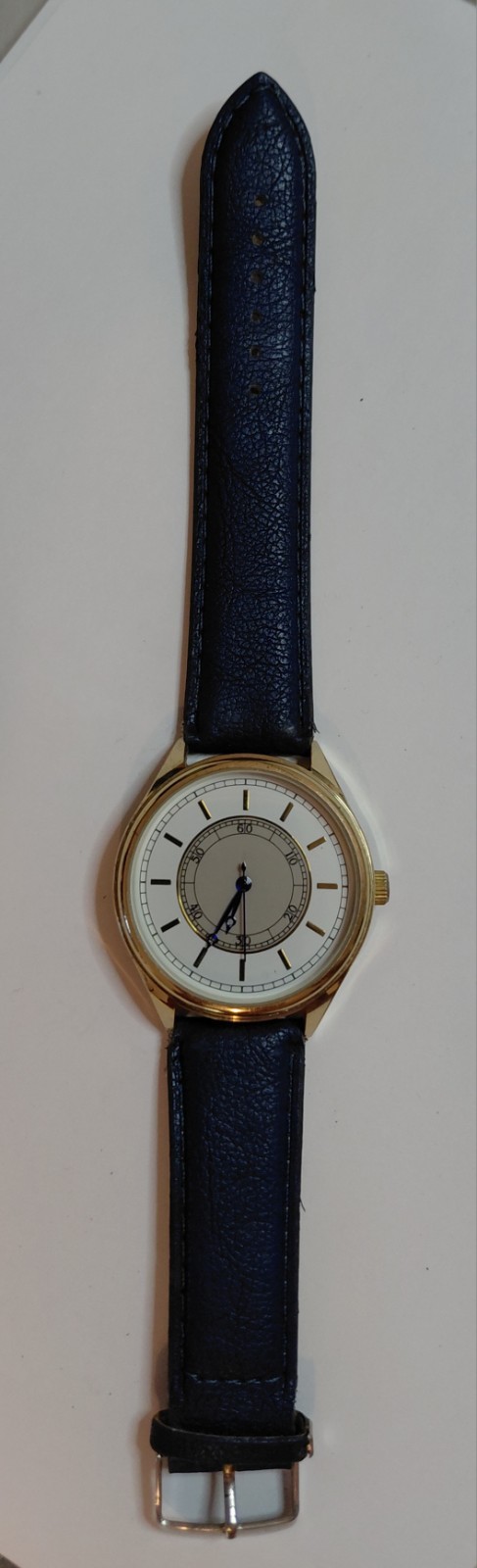 Accutime 3017MWM Quartz Analog Dress Watch Gold Tone Case Blue Leather 27mm