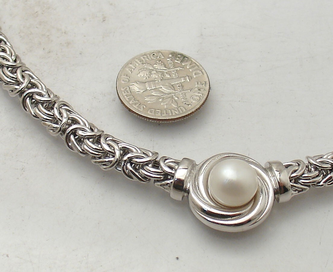 Technibond Pearl Center Byzantine Necklace Chain Anti-Tarnish Real 925 Silver