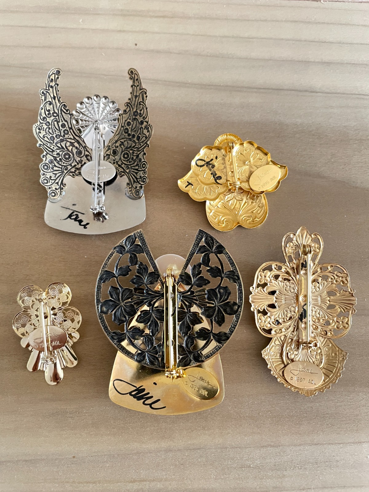 Lot of 5 Vintage Jane Davis Angel Brooches Filigree Gold Silver Bronze Tone