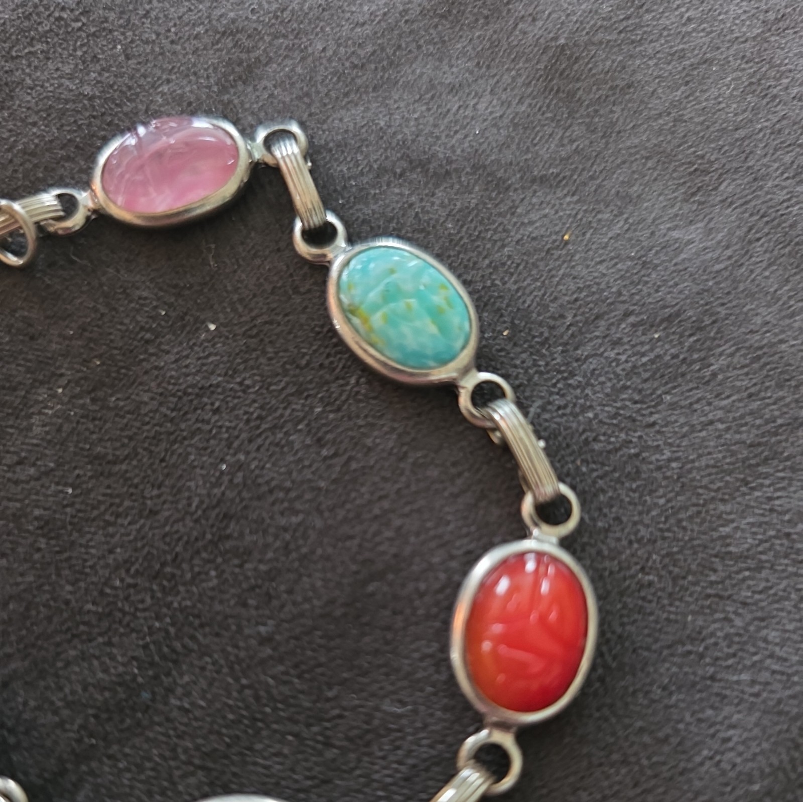 Scarab Beetle Bracelet White Gold Filled Carved Stone Multi-stone Vintage 7.5”
