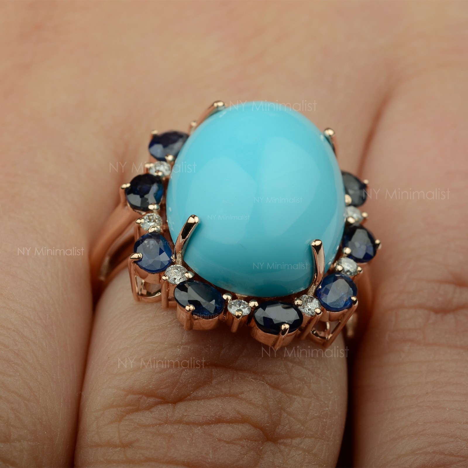 14K Solid Gold Genuine Oval Turquoise Blue Sapphire and Diamond Engagement Ring