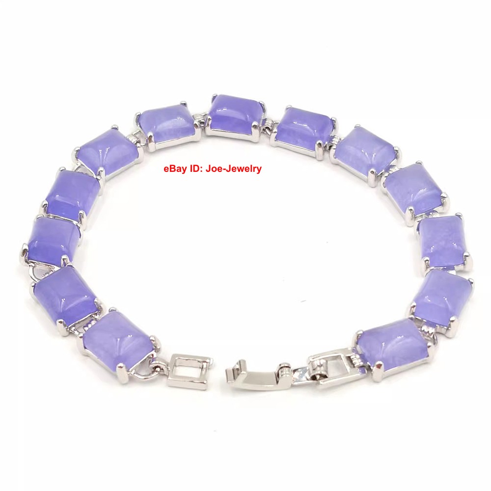 NEW White-Plated Alloy 9mm Rectangle Purple Jade Women’s Bracelet 7.6inch