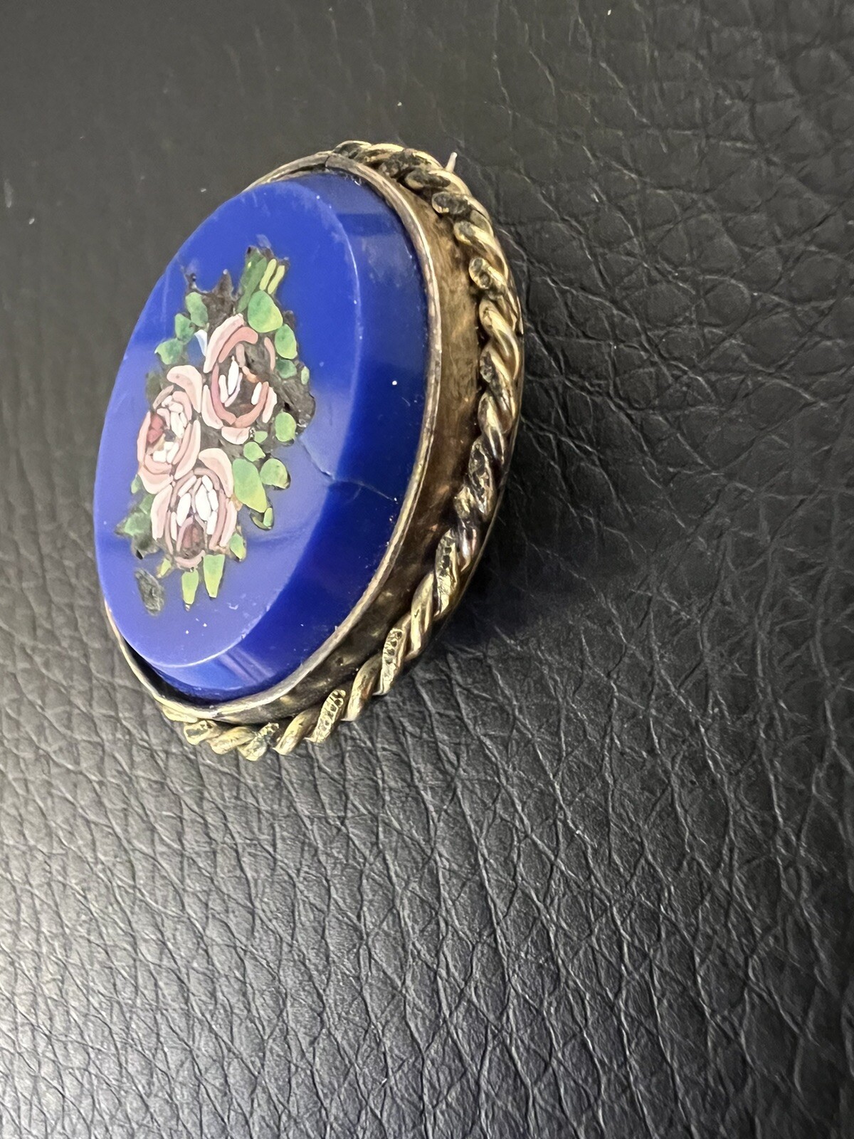 Antique Italian Pietra Dura Mosaic Inlay Pink Rose W Blue Gold Filled Pin Brooch