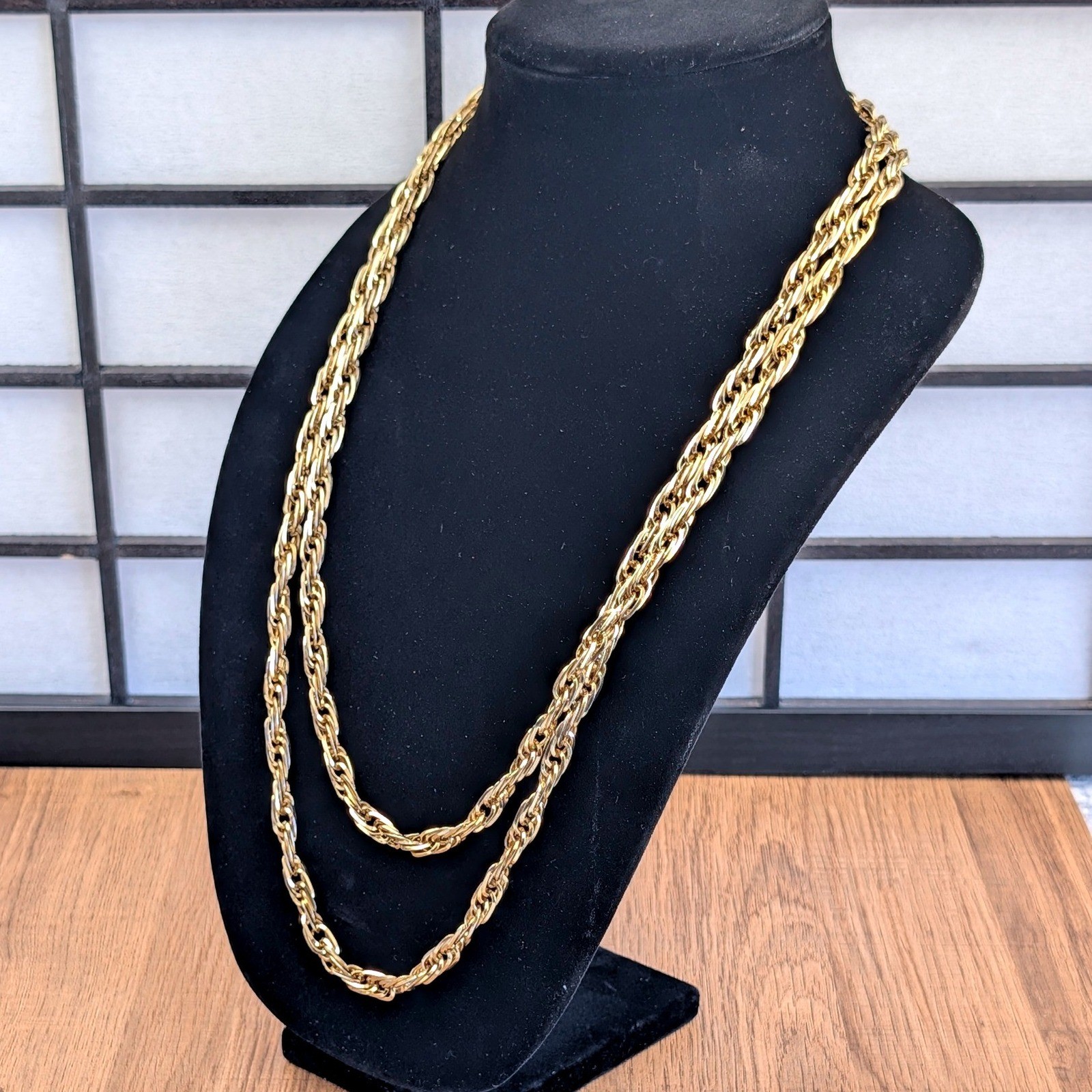Vintage Monet Gold Tone Double Strand Textured Link Necklace 28 Inch Heavy 93g