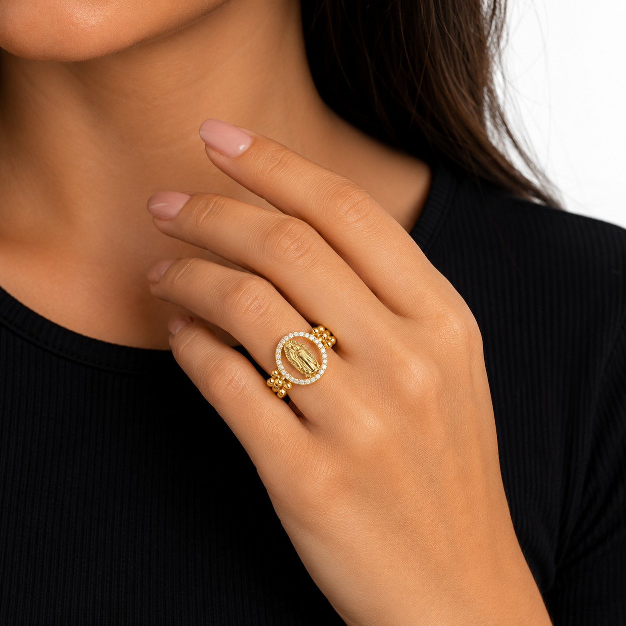Italian 1/200 14k Yellow Gold Oro Virgin Mary Cuban Link Band Ring Anillo
