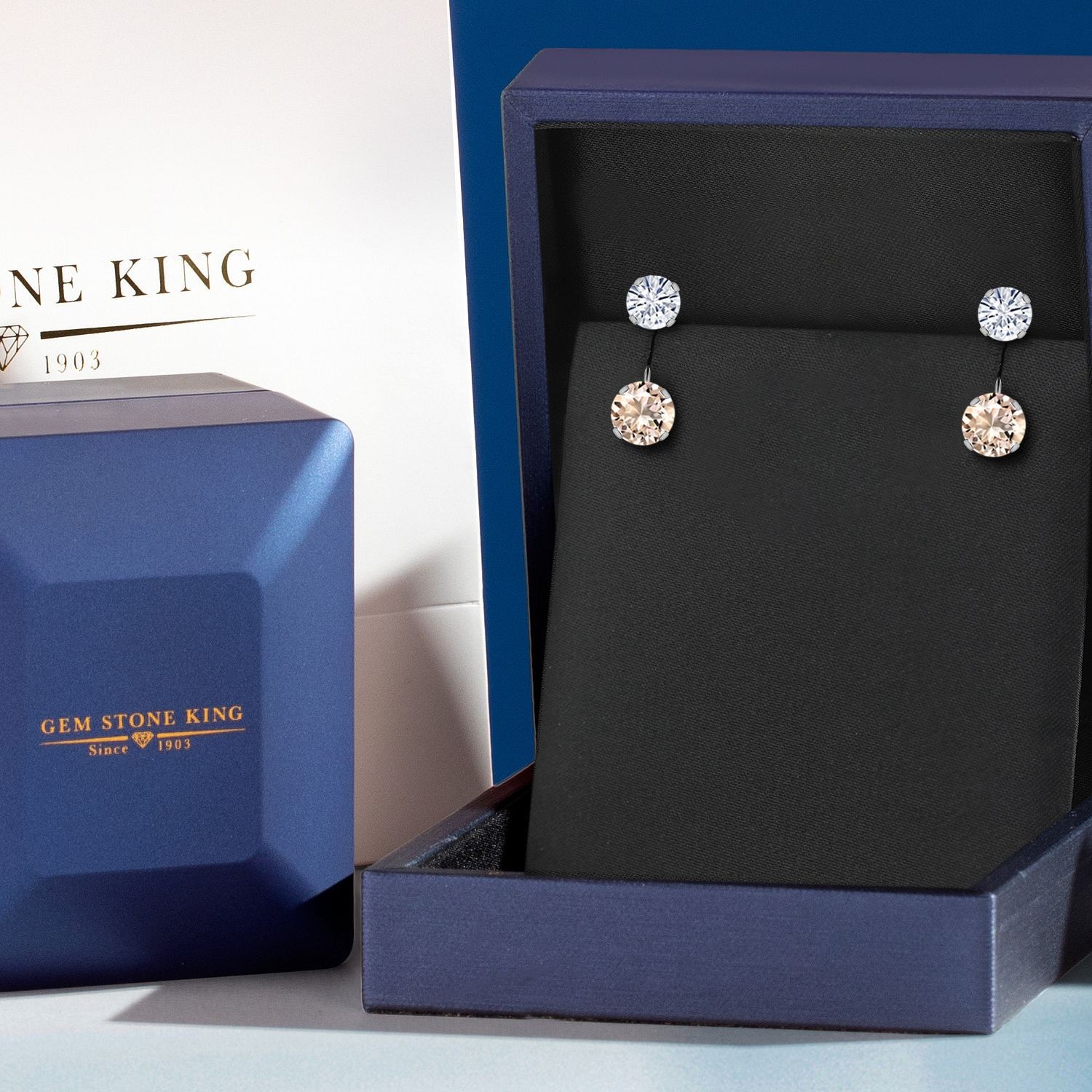 14K White Gold Peach Morganite and White Moissanite Stud Earrings for Women |