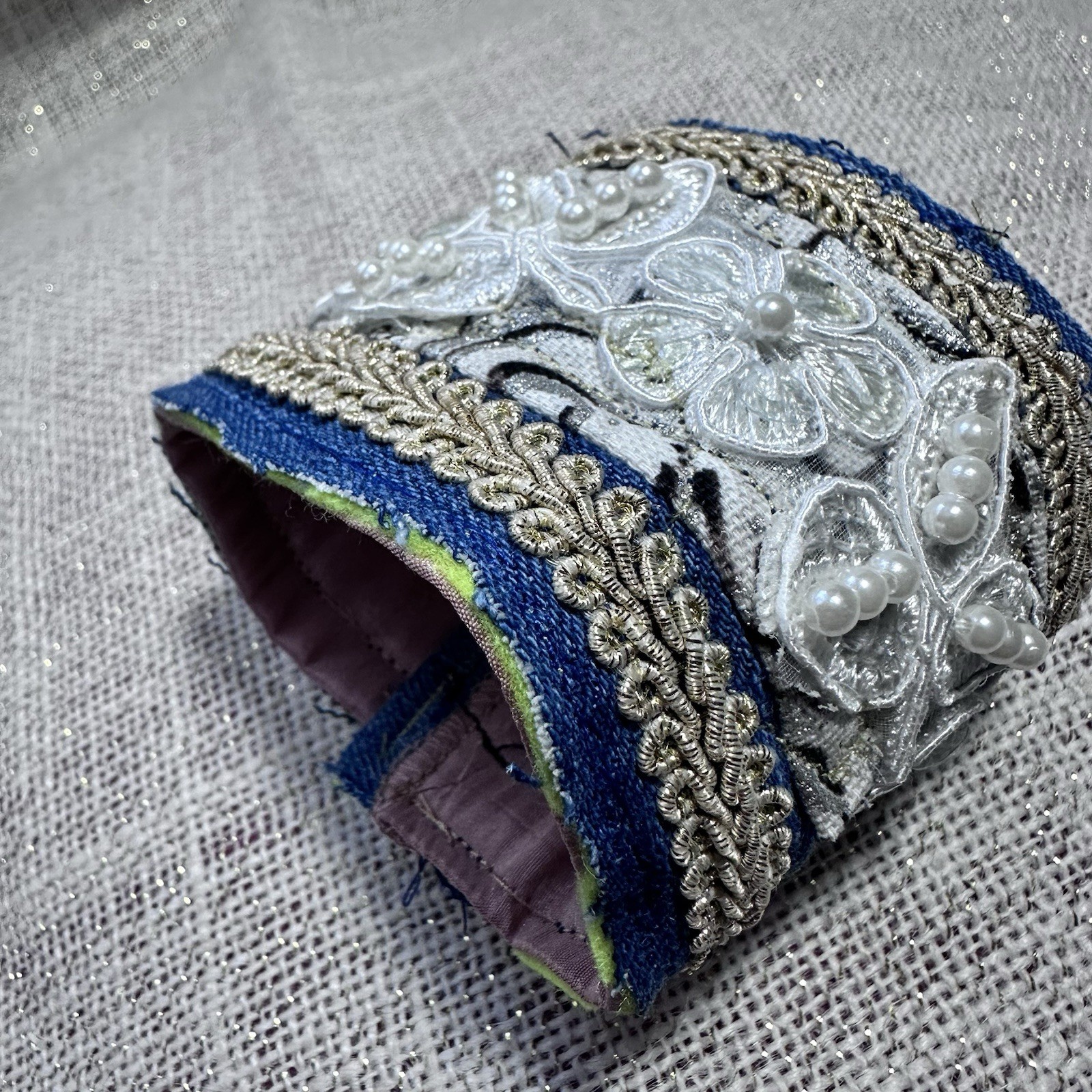 Wide Cuff Bracelet Boho Denim Fabric Embellished 3D Floral Lace Handmade 6-7