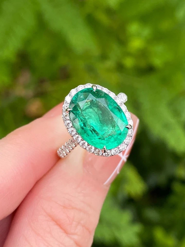 6.00Ct Natural Green Emerald & Diamond Couple Ring Solid 14K White Gold Oval Cut
