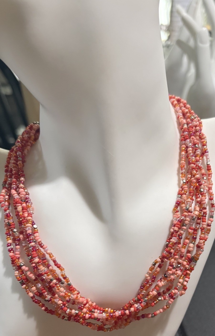 Handmade Orange Pink Silver Seed Beed Necklace 14 Inches With A 2 Inch Extender