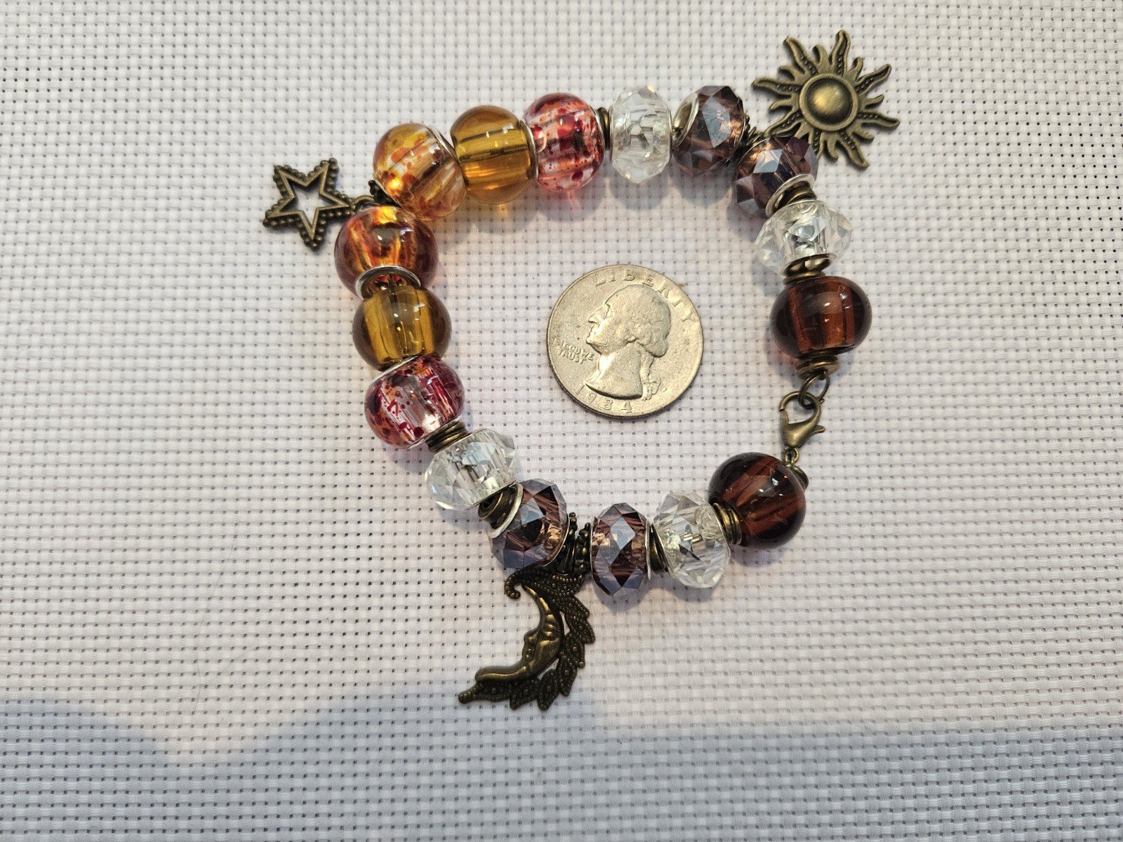 Handmade Antique Bronze Celestial Charm Bracelet Sun Star Wing Glass Beads