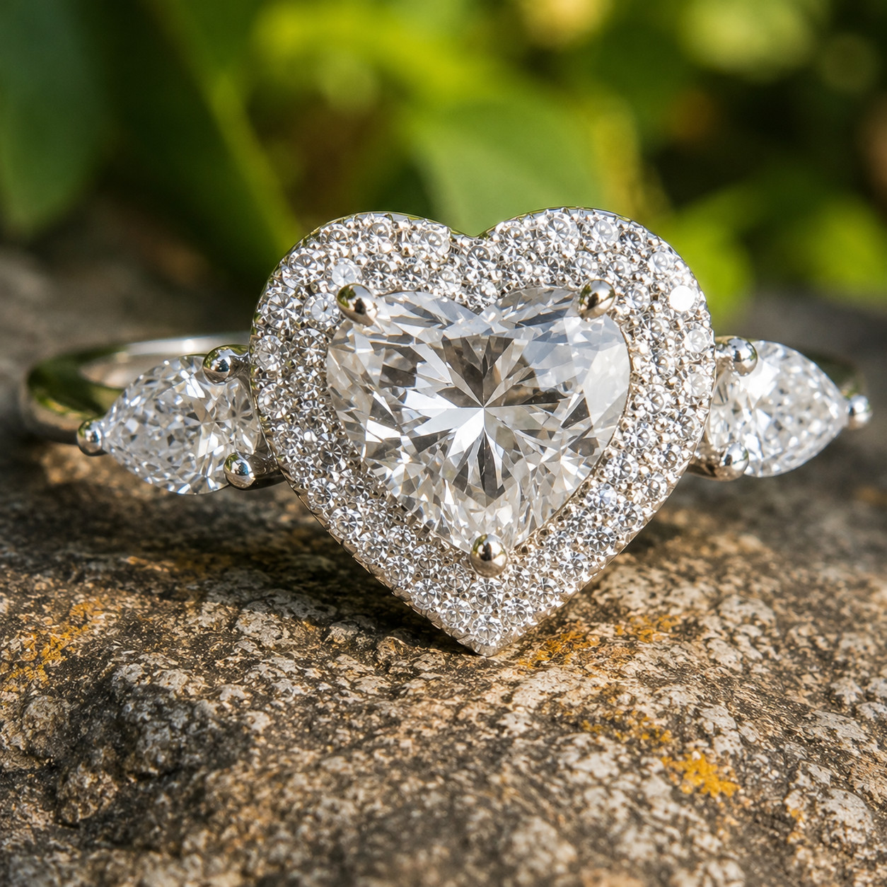 3Ct Heart Lab Created Diamond Halo Engagement Ring 14K White Gold Plated Silver
