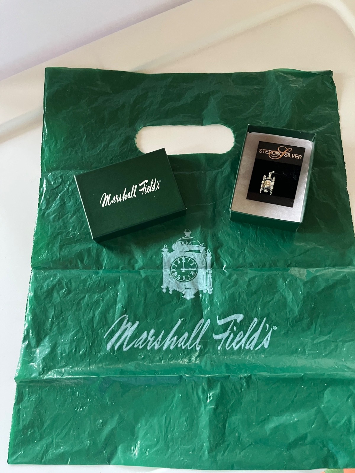 NEW on Card Vintage Marshall Fields Sterling Silver Clock Charm Box & Bag