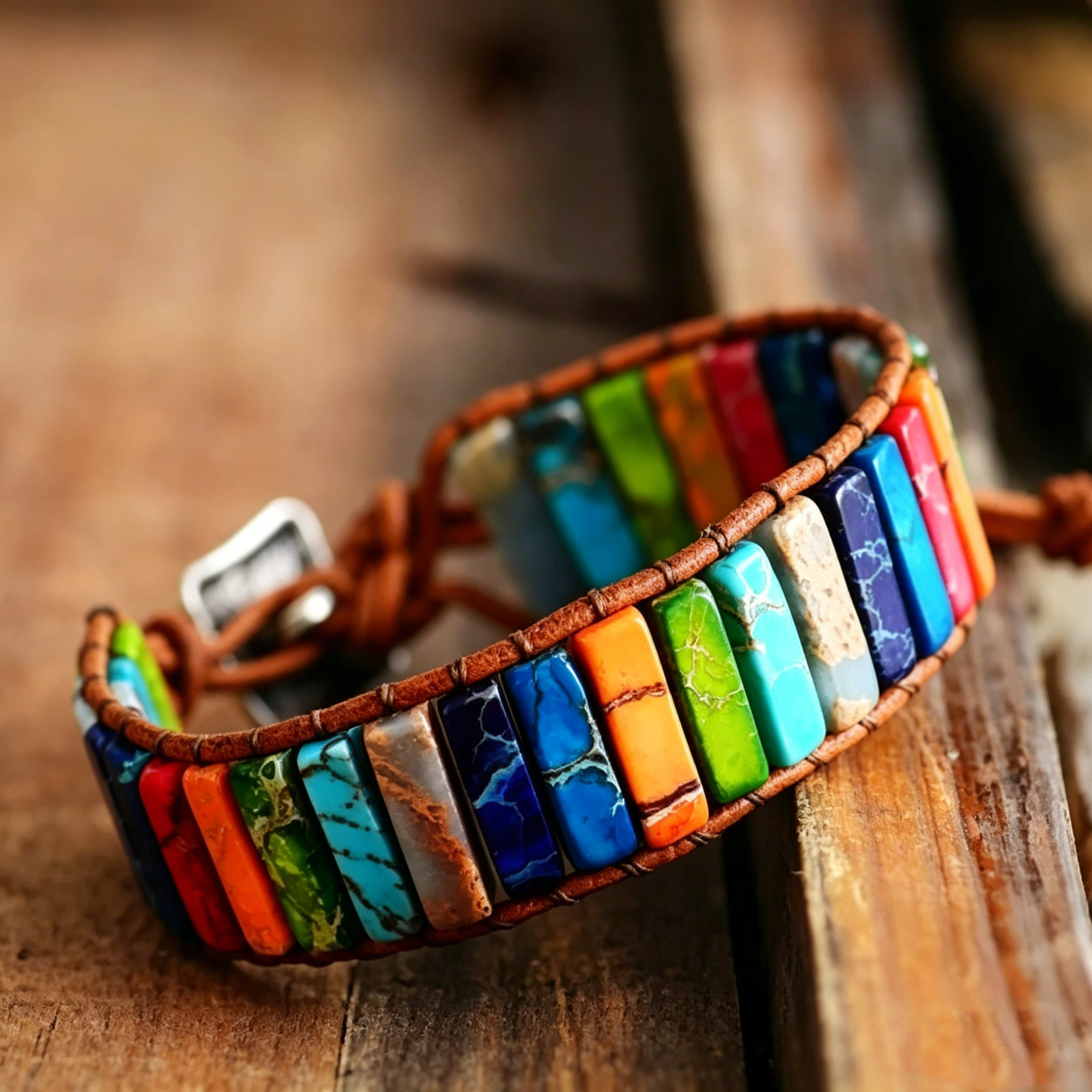 Chakra Rainbow Stone Beaded Leather Wrap Bracelet Boho Healing Jewelry For Women