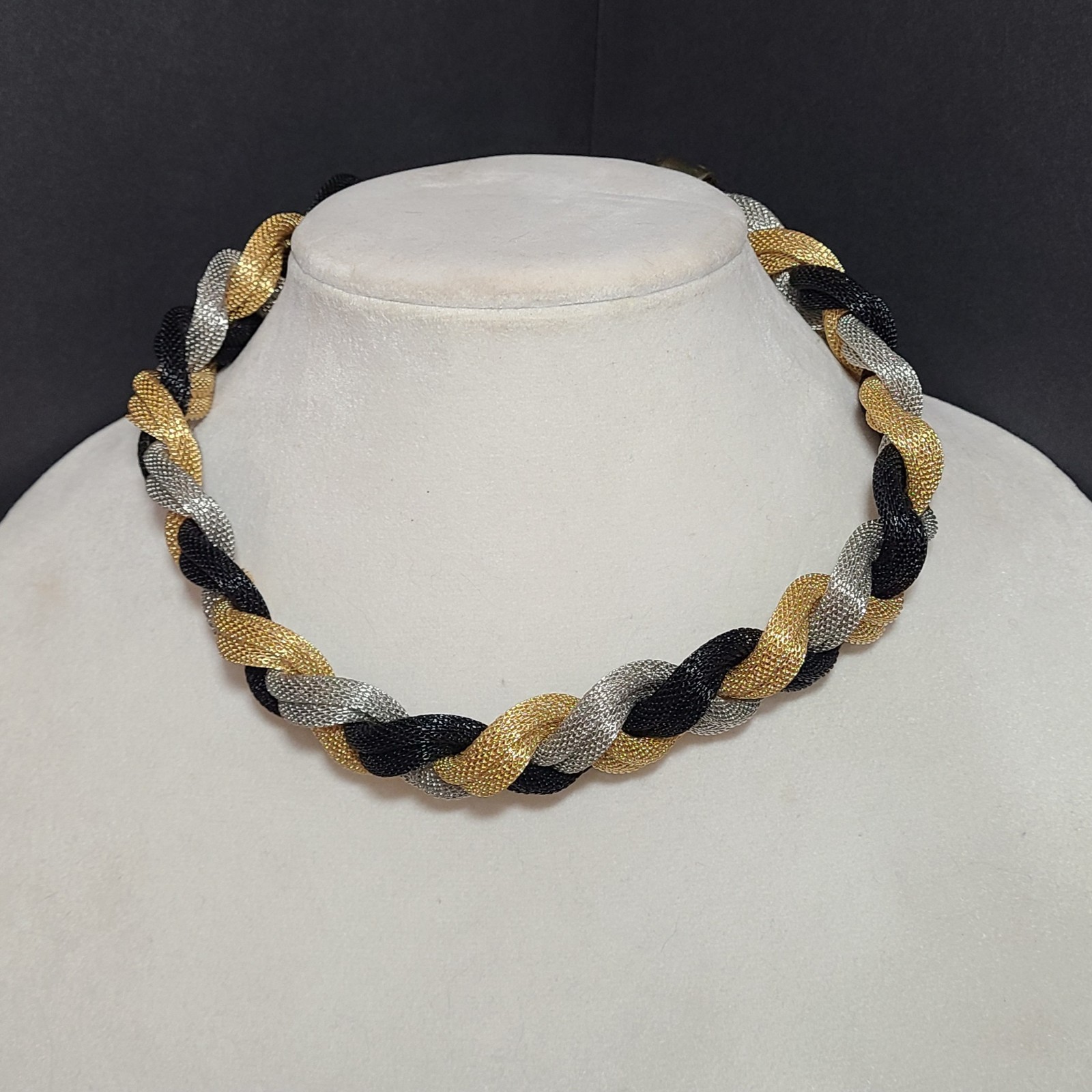 Black/Silver/Gold Braided Statement Necklace 14″ Chocker Collar Jewelry Gift EUC