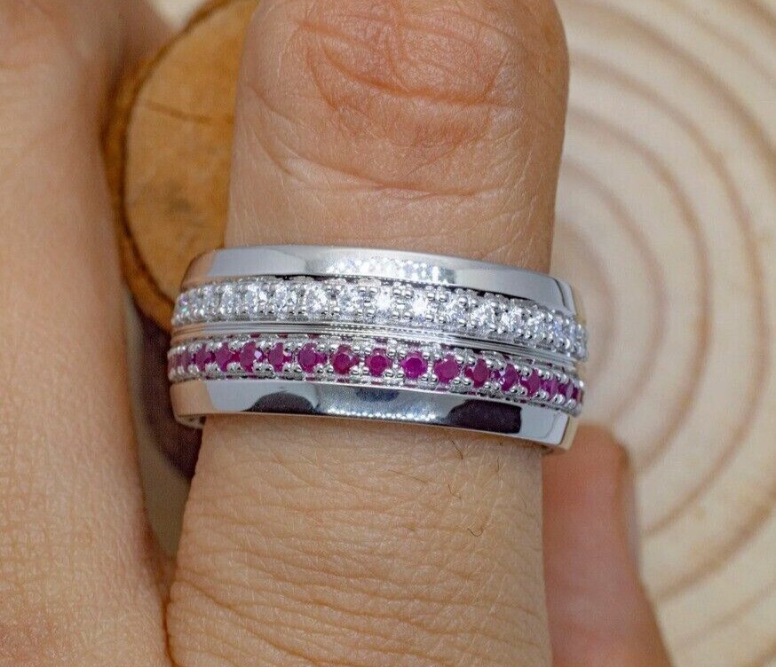 Round Cut Simulated Pink Ruby Gorgeous Eternity Band Ring 14k White Gold Plated