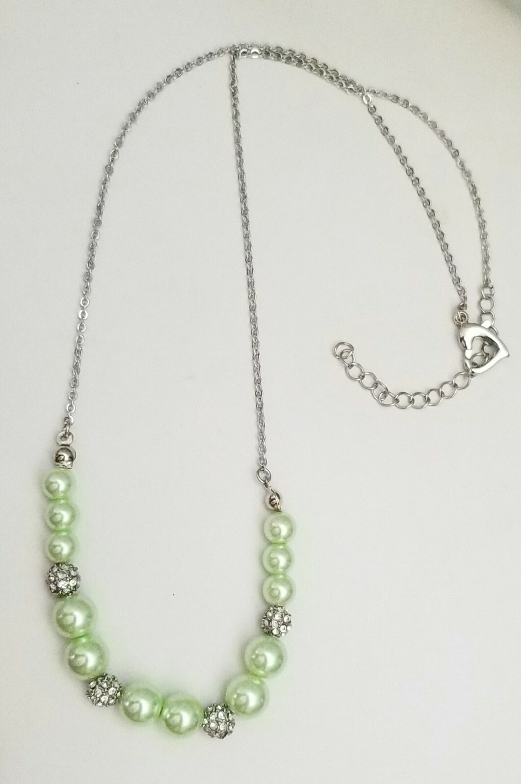 Green Pearl Crystal Necklace 17-19″ Silver Plated Gift Mom Special Occasion