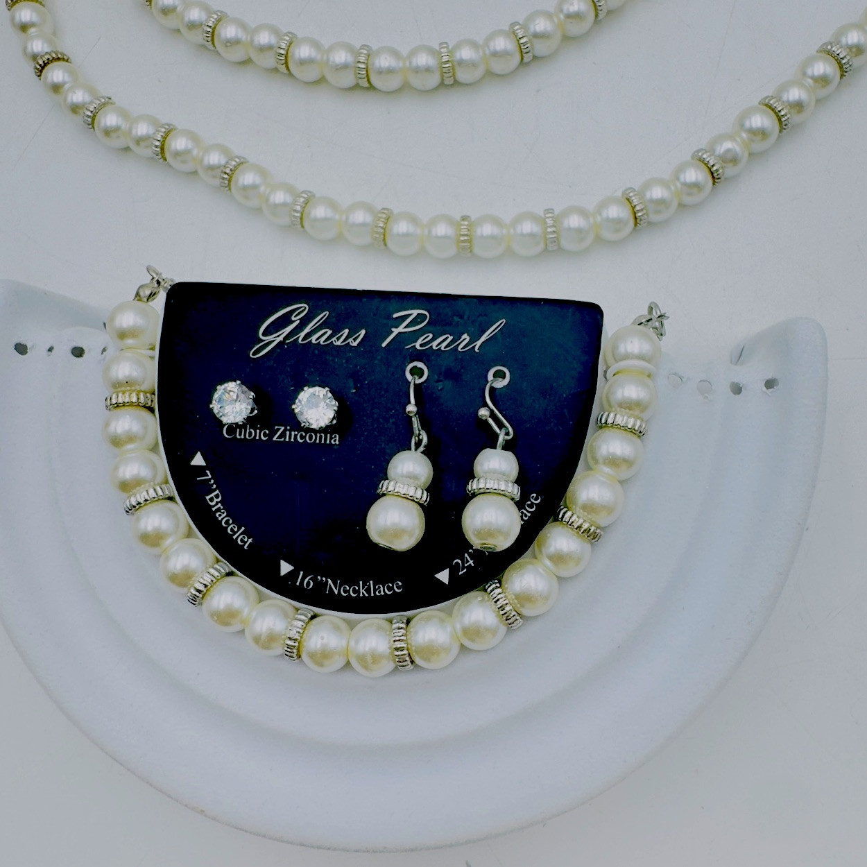 Kim Rogers Necklace Bracelet Earrings 5p Jewelry Set Cubic Zirconia Glass Pearls