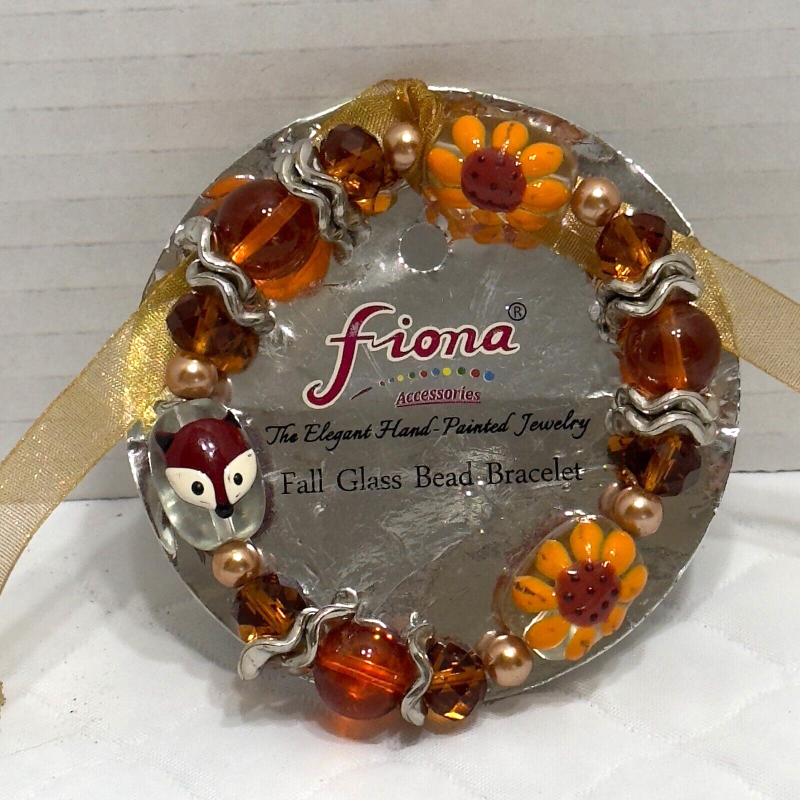 Fiona Bracelet Stretch Glass Beads Hand Painted Amber Color Daisys Clown Face