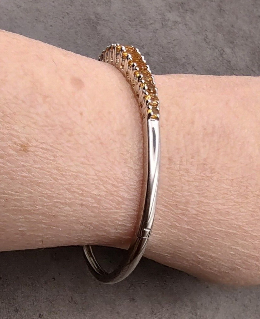 Estate KN Sterling Silver 4.86cttw Natural Citrine Hinged Bangle Bracelet 8.25″